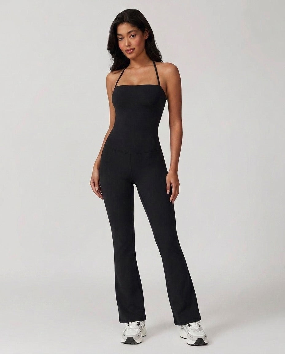 Volsa Flare Jumpsuit in black, worn, front