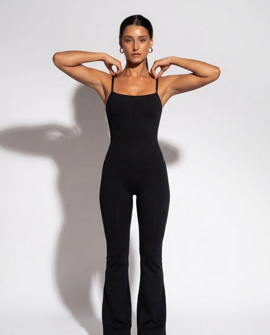 Volsa Flare Jumpsuit in black, worn, detail