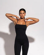 Volsa Flare Jumpsuit in black, worn, detail