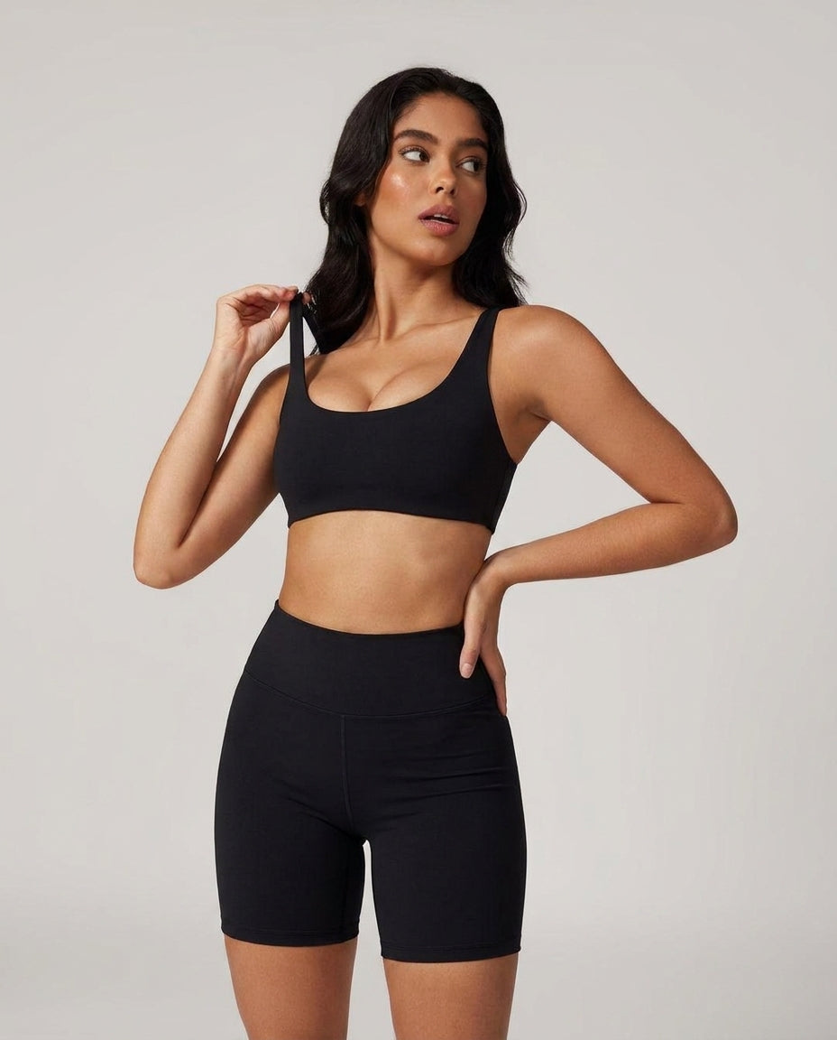 Volsa High Waist Shorts in black, worn, close