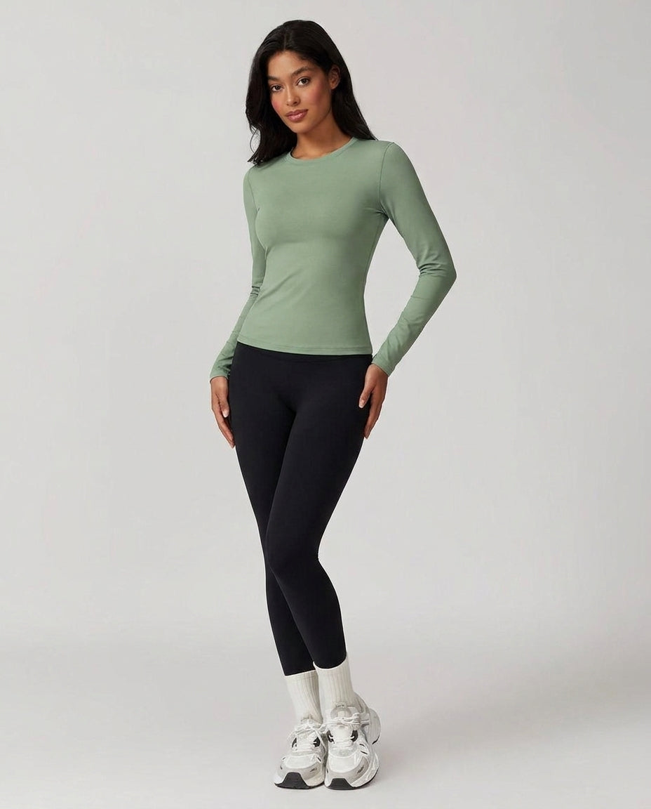 Volsa Long Sleeve Tee in sage, worn, front