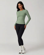 Volsa Long Sleeve Tee in sage, worn, front