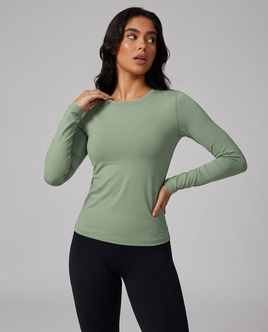 Volsa Long Sleeve Tee in sage, worn, close