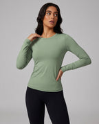 Volsa Long Sleeve Tee in sage, worn, close