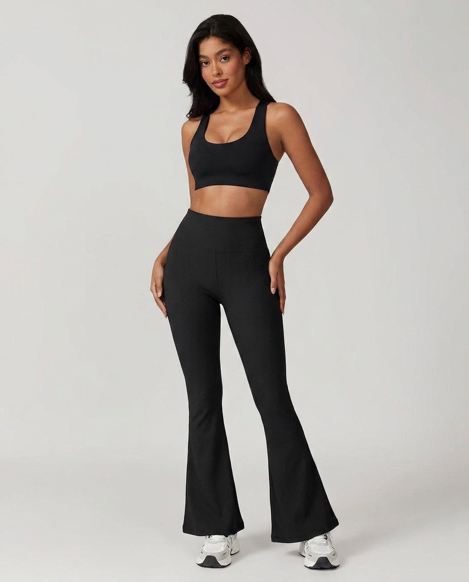 Volsa Ribbed Flare Leggings in black, worn, front