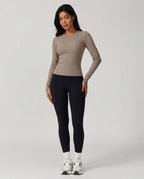 Volsa Ribbed Long Sleeve Tee in taupe, worn, front
