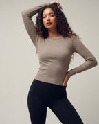 Volsa Ribbed Long Sleeve Tee in taupe, worn, side