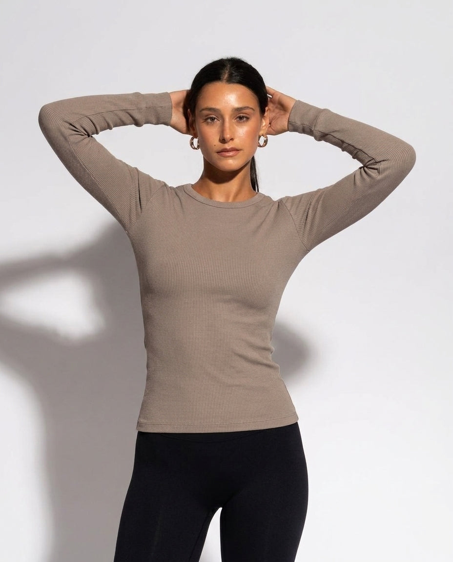 Volsa Ribbed Long Sleeve Tee in taupe, worn, detail