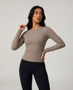 Volsa Ribbed Long Sleeve Tee in taupe, worn, close