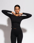 Volsa Long Sleeve Tee and Leggings Set in black, worn, detail