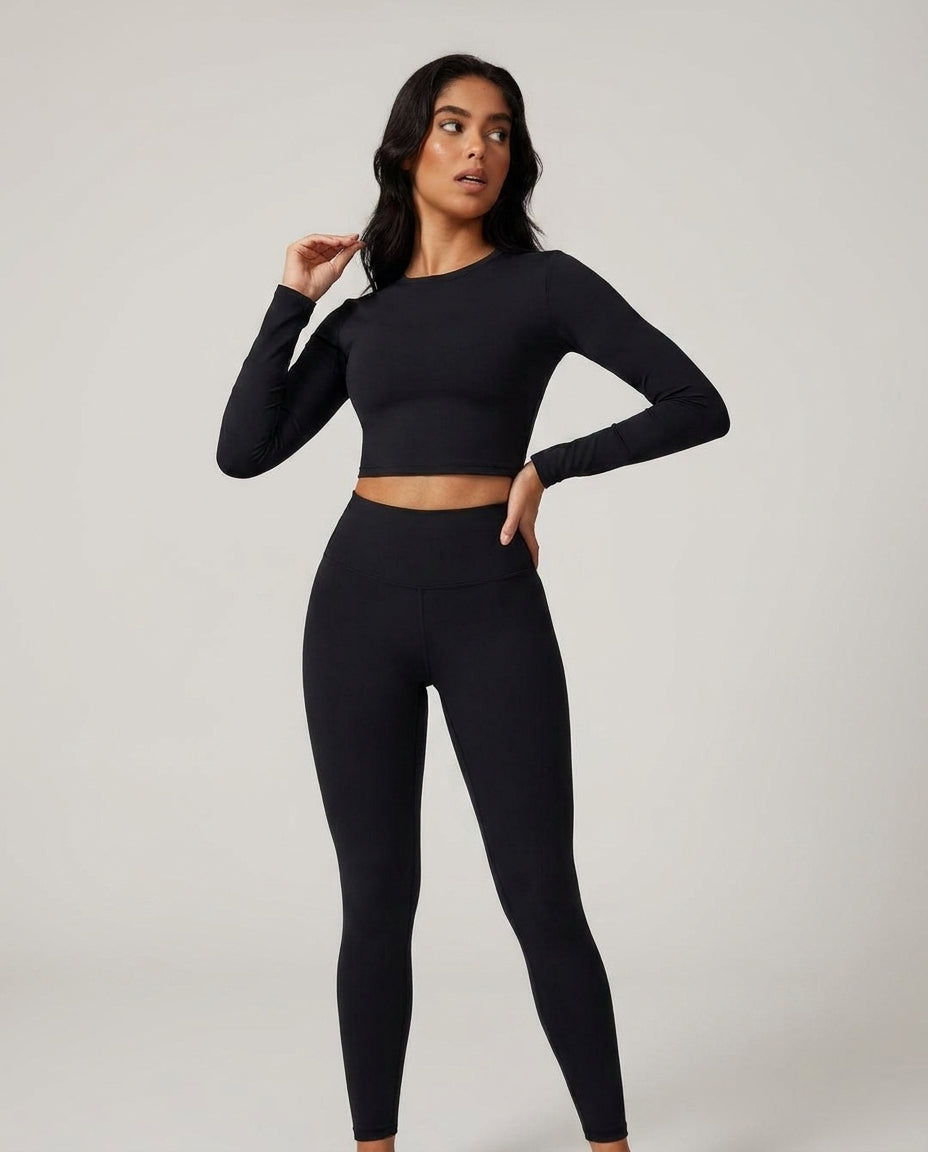 Volsa Long Sleeve Tee and Leggings Set in black, worn, close
