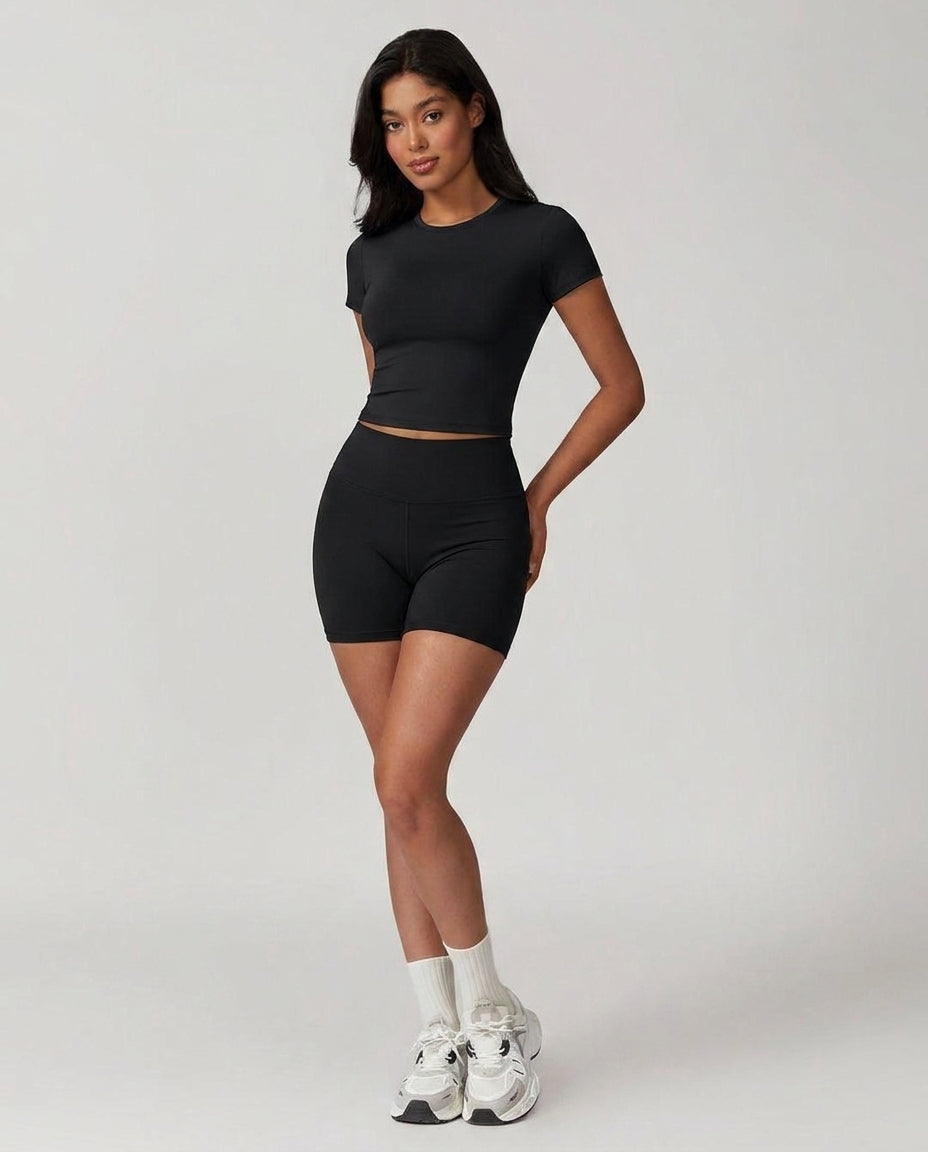 Volsa Short Sleeve Tee and Shorts Set in black, worn, front