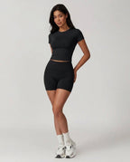 Volsa Short Sleeve Tee and Shorts Set in black, worn, front