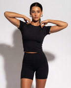 Volsa Short Sleeve Tee and Shorts Set in black, worn, detail