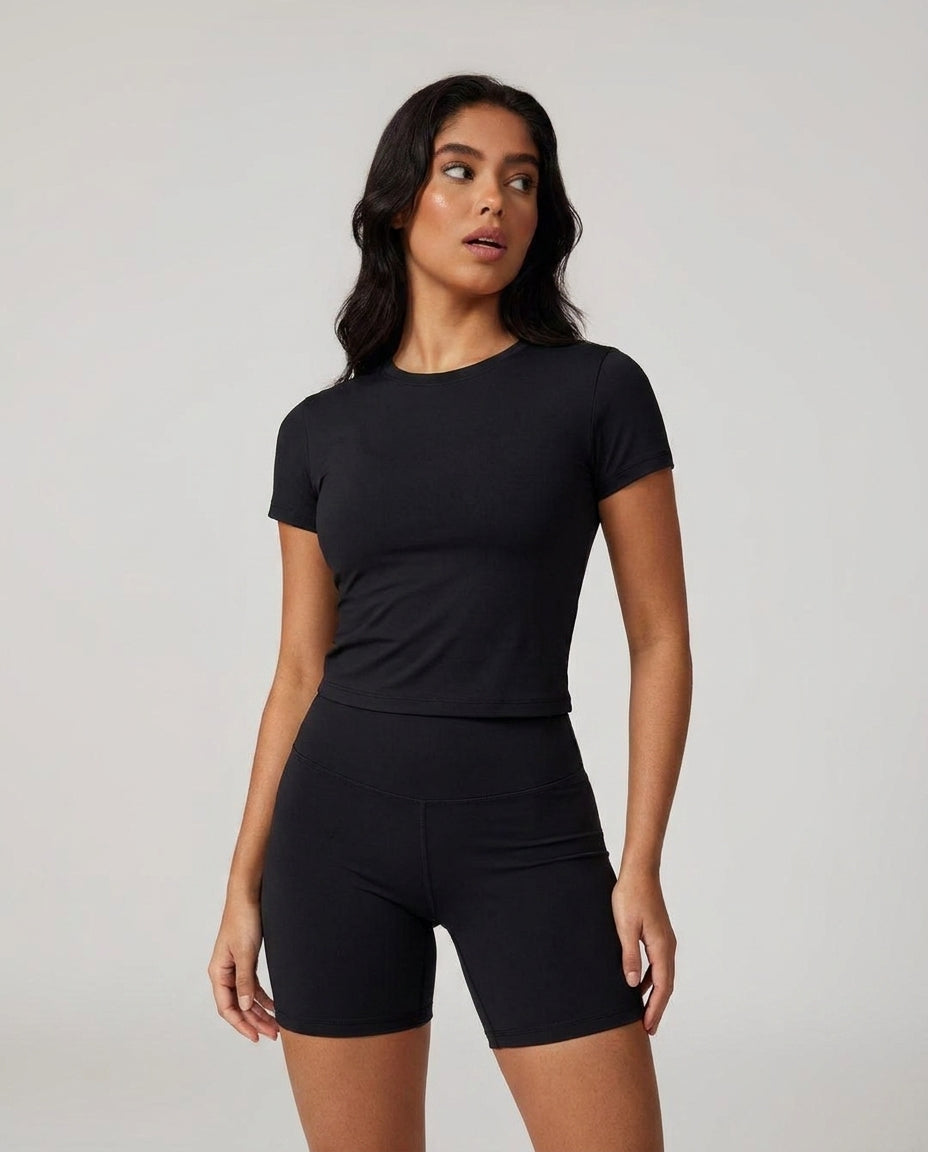 Volsa Short Sleeve Tee and Shorts Set in black, worn, close