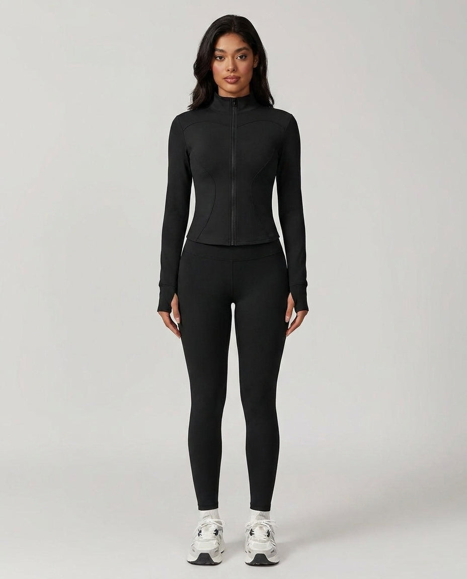 Volsa Zip Jacket and Leggings Set in black, worn, front
