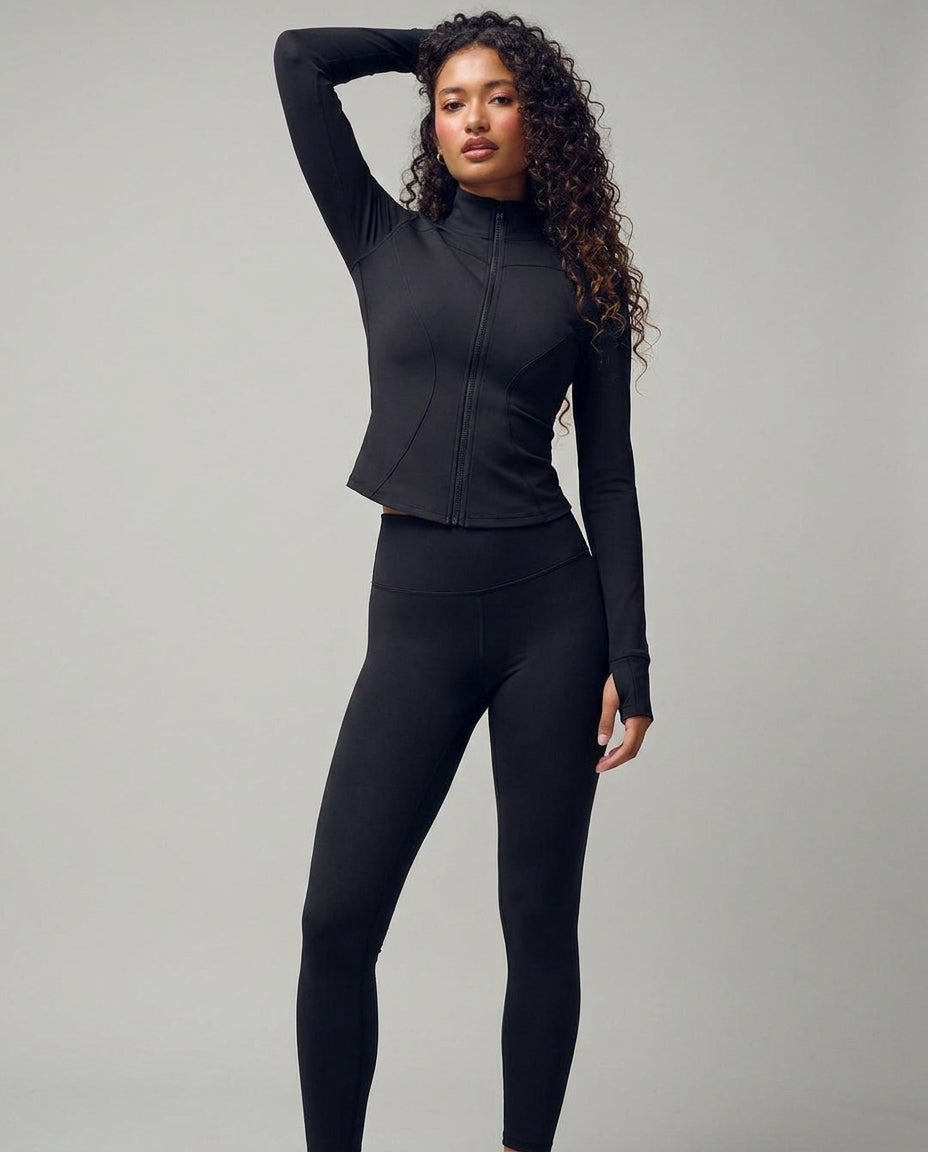 Volsa Zip Jacket and Leggings Set in black, worn, side