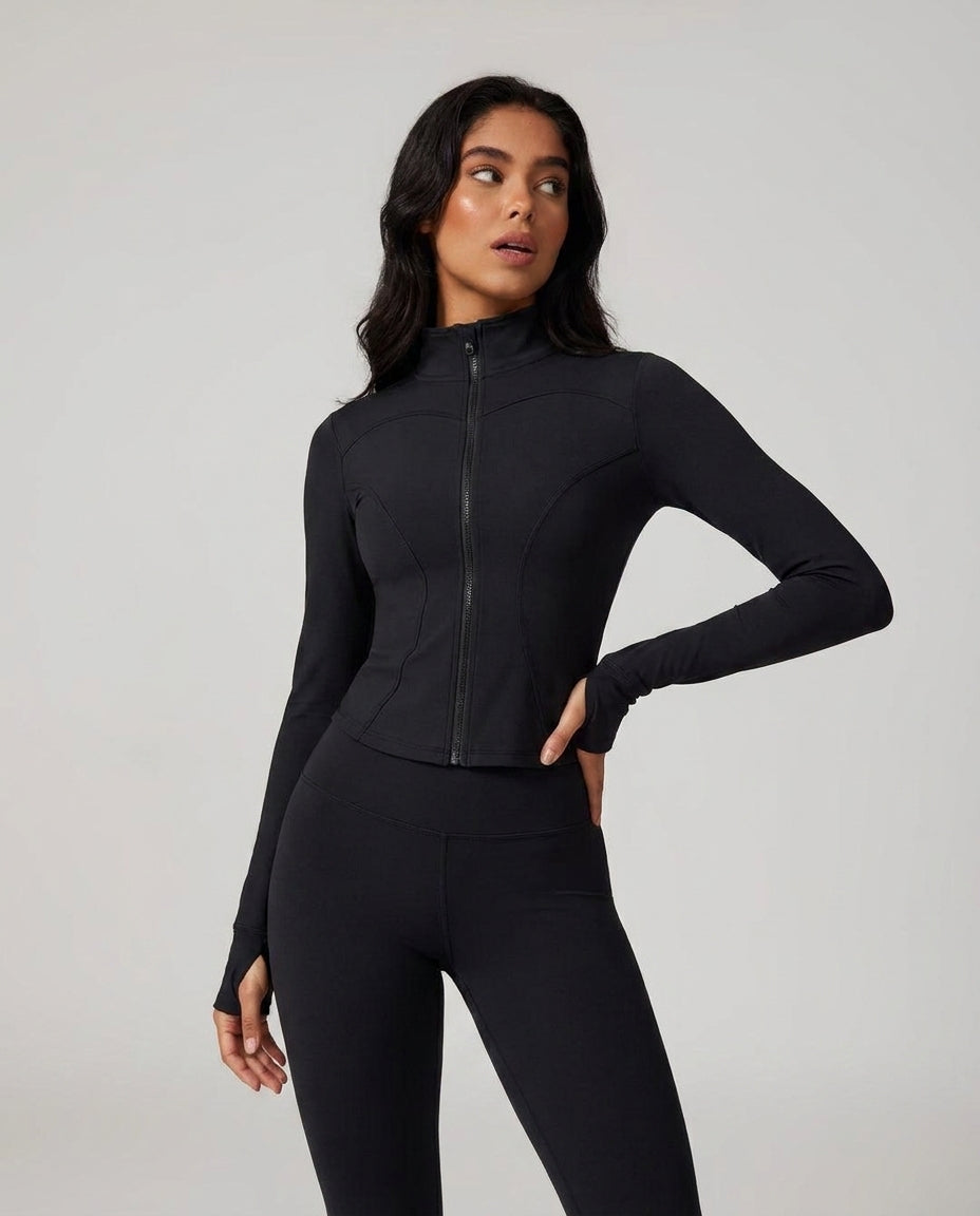 Volsa Zip Jacket and Leggings Set in black, worn, close