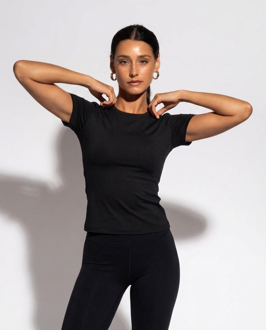 Volsa Short Sleeve Tee in black, worn, detail