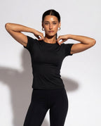 Volsa Short Sleeve Tee in black, worn, detail