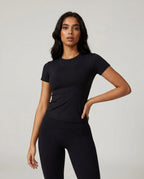 Volsa Short Sleeve Tee in black, worn, close