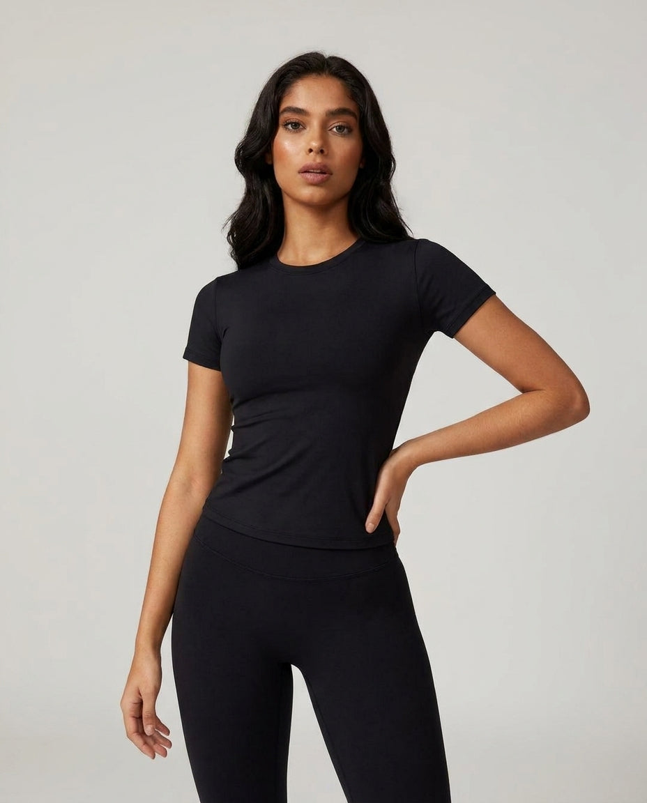 Volsa Short Sleeve Tee in black, worn, close