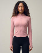 Volsa Fitted Zip Jacket in pink, worn, side