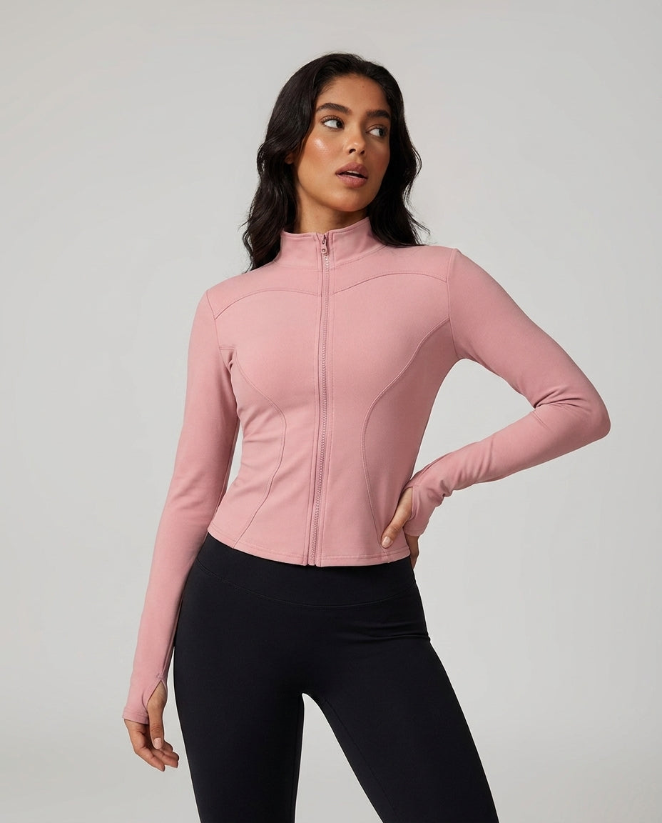 Volsa Fitted Zip Jacket in pink, worn, close