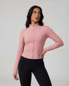 Volsa Fitted Zip Jacket in pink, worn, close